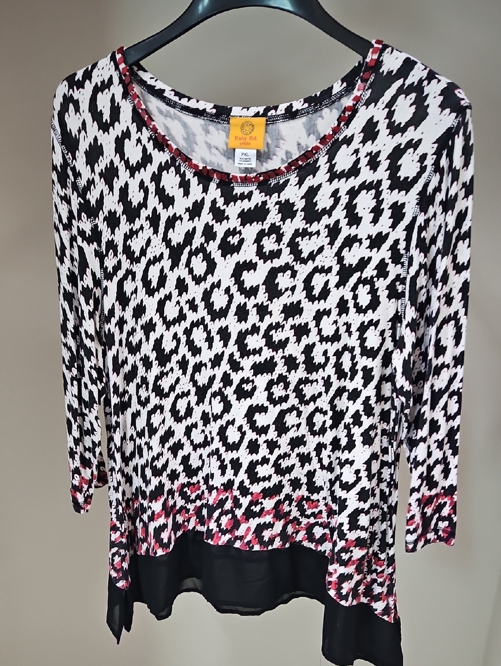 Ruby Rd. Black & White Leopard 3/4 Sleeve Top with Red Trim